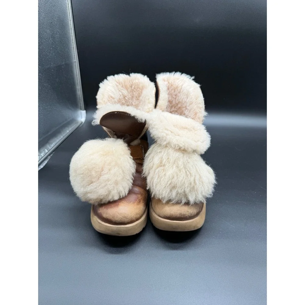 UGG Adirondack Boot III Fluff Waterproof Brown Leather Suede Pom‎ Pom Womens 9